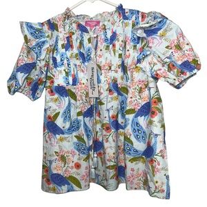 Sincerely Ours Womens Ruffled‎ Blouse Small Peacock Blue Print